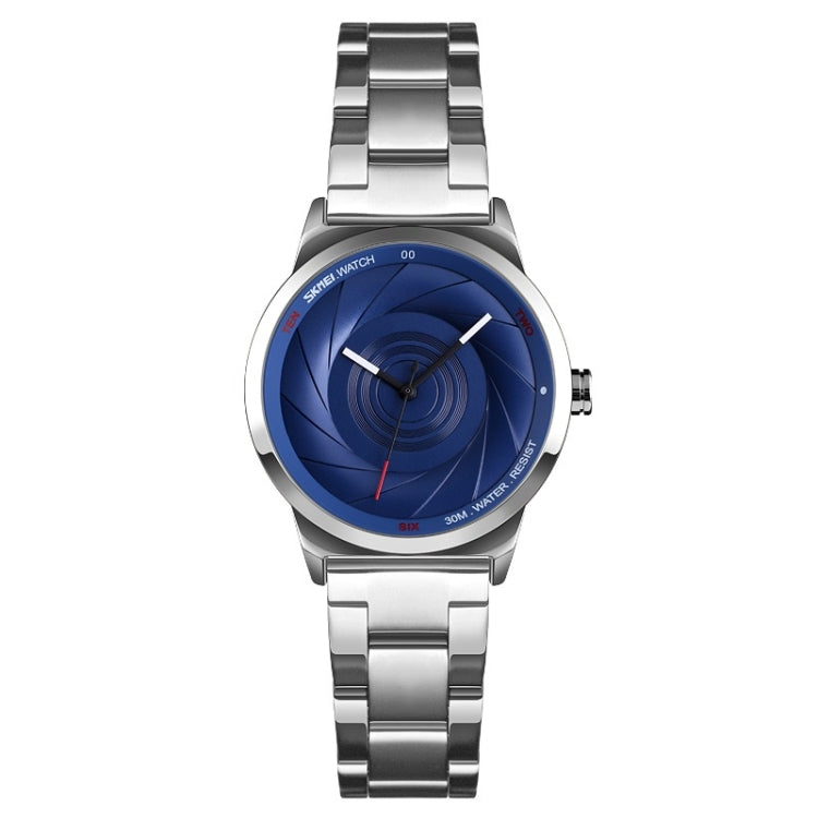 Ladies silver-tone quartz business watch with blue 3D dial and metal link bracelet