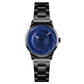 Ladies black quartz business watch with dark blue 3D dial and metal link bracelet