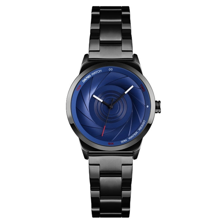 Ladies black quartz business watch with dark blue 3D dial and metal link bracelet