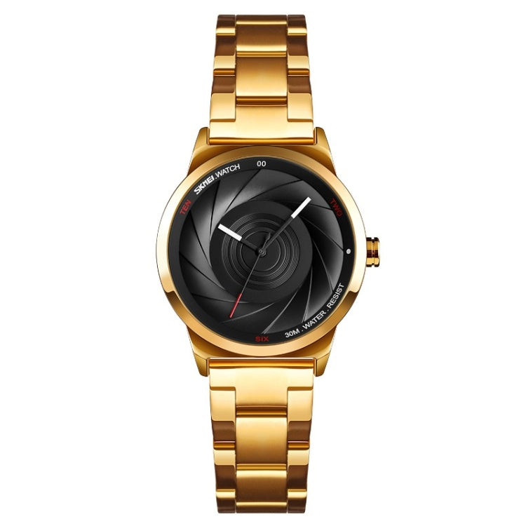 Ladies gold-tone quartz business watch with black 3D dial and metal link bracelet