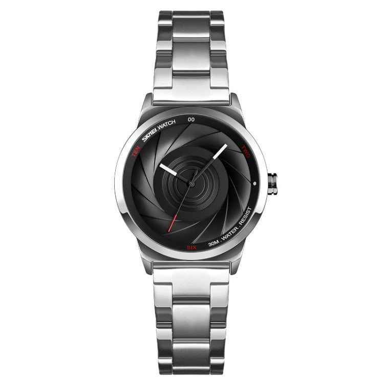 Ladies silver-tone quartz business watch with black 3D dial and metal link bracelet