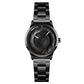 Ladies black quartz business watch with black 3D dial and metal link bracelet