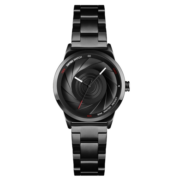 Ladies black quartz business watch with black 3D dial and metal link bracelet