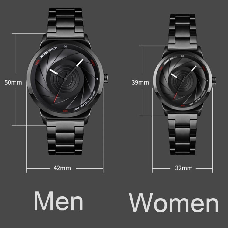 Black metal quartz watch shown with dial, crown, bracelet, and size measurements