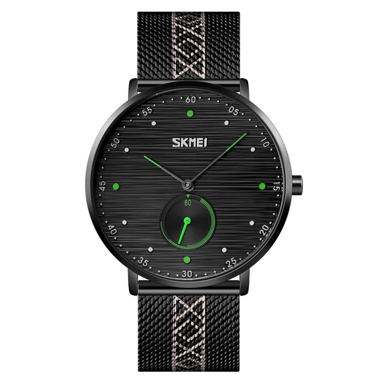 SKMEI men’s quartz wristwatch with black dial, green accents, and black mesh strap