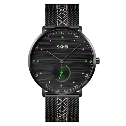 SKMEI men’s quartz wristwatch with black dial, green accents, and black mesh strap