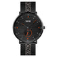 SKMEI men’s quartz wristwatch with black dial, orange accents, and black mesh strap