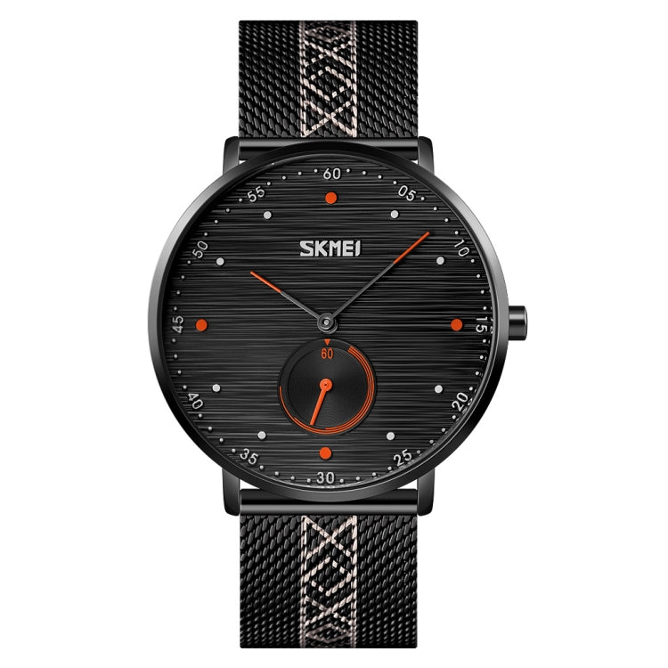 SKMEI men’s quartz wristwatch with black dial, orange accents, and black mesh strap