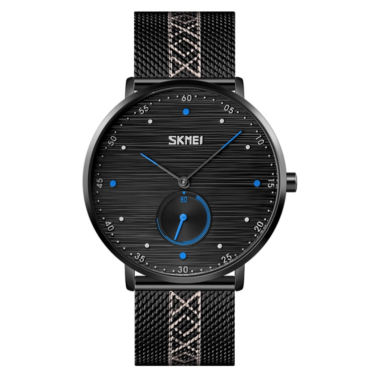 SKMEI men’s quartz wristwatch with black dial, blue accents, and black mesh strap