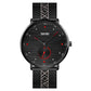 SKMEI men’s quartz wristwatch with black dial, red accents, and black mesh strap