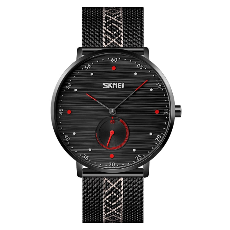 SKMEI men’s quartz wristwatch with black dial, red accents, and black mesh strap