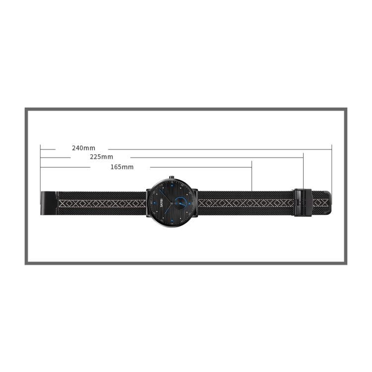 SKMEI men’s quartz wristwatch with black mesh strap, shown with size measurement