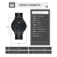 Men's black mesh belt quartz watch with dark round dial and blue numeral markers