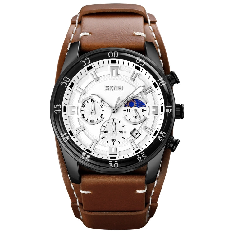 Men’s quartz moonphase calendar stopwatch watch with brown leather strap and white dial