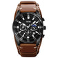 Men’s quartz moonphase calendar stopwatch watch with brown leather strap and black dial