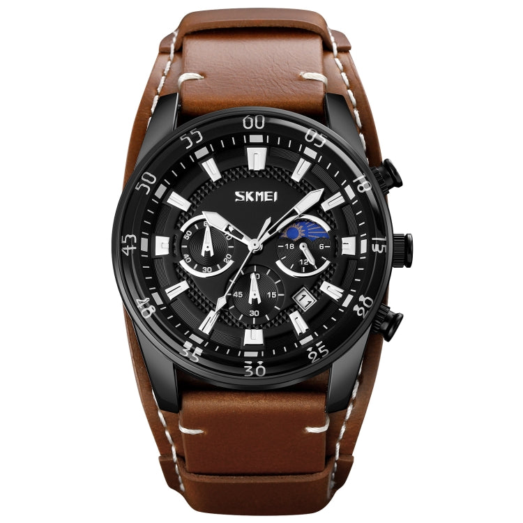 Men’s quartz moonphase calendar stopwatch watch with brown leather strap and black dial
