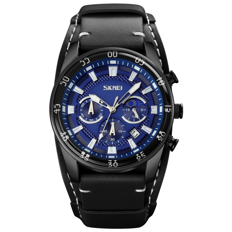 Men’s quartz moonphase calendar stopwatch watch with black strap and blue dial