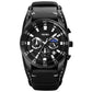 Men’s quartz moonphase calendar stopwatch watch with black leather strap and black dial