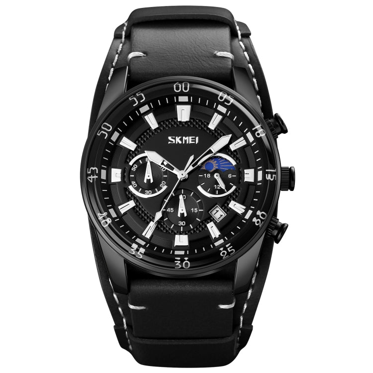 Men’s quartz moonphase calendar stopwatch watch with black leather strap and black dial