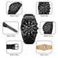 Black moonphase calendar stopwatch watch with labeled case, dial, band, clasp, and back