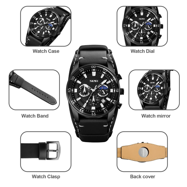 Black moonphase calendar stopwatch watch with labeled case, dial, band, clasp, and back