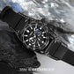Black leather moonphase calendar stopwatch watch marked 30M water resistant