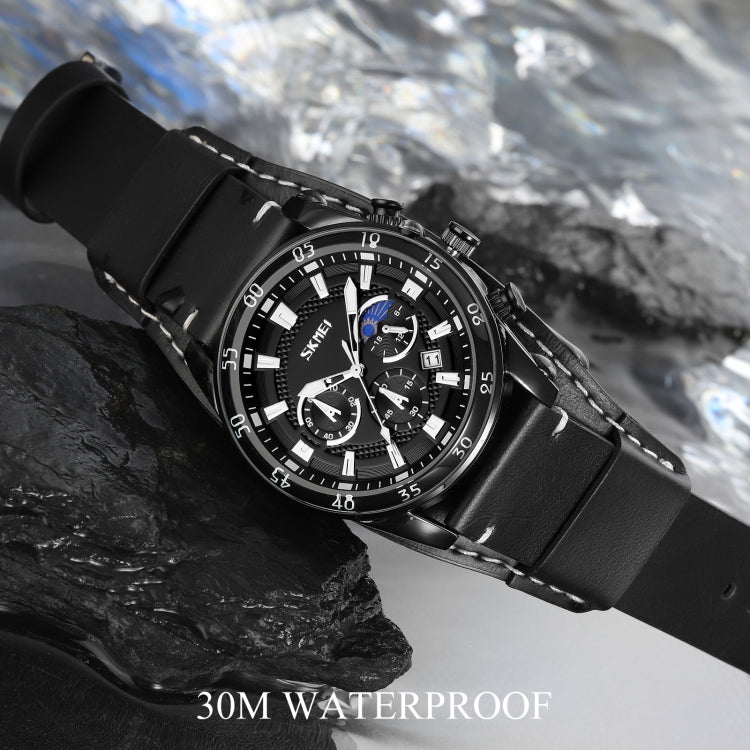 Black leather moonphase calendar stopwatch watch marked 30M water resistant