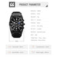 Men’s black quartz moonphase calendar stopwatch watch with black leather strap and black dial