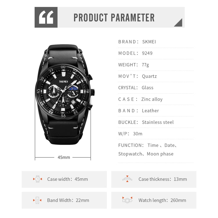 Men’s black quartz moonphase calendar stopwatch watch with black leather strap and black dial