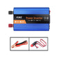 Blue power inverter with orange labeling, side ports, AC outlets, and vented cooling fins