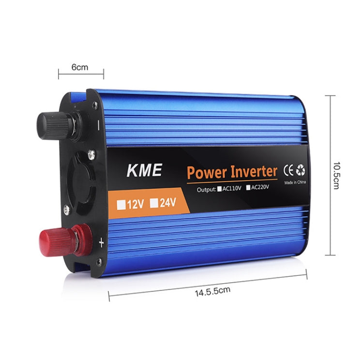 Blue power inverter with side AC outlet, red and black battery terminals, compact metal body
