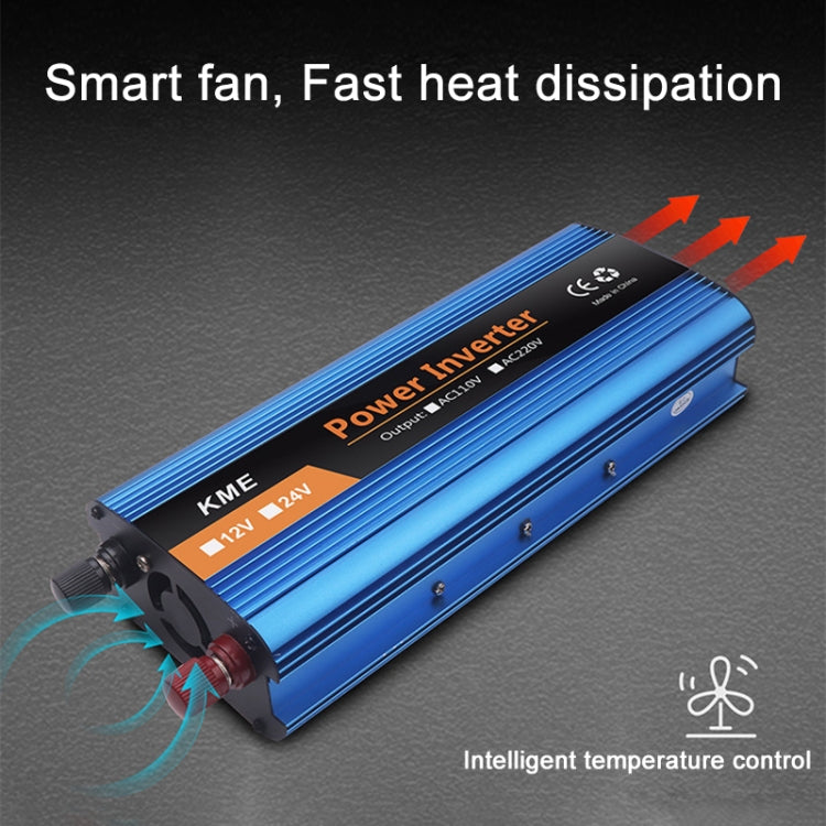 Blue power inverter with ventilation fins and intelligent temperature control for efficient cooling