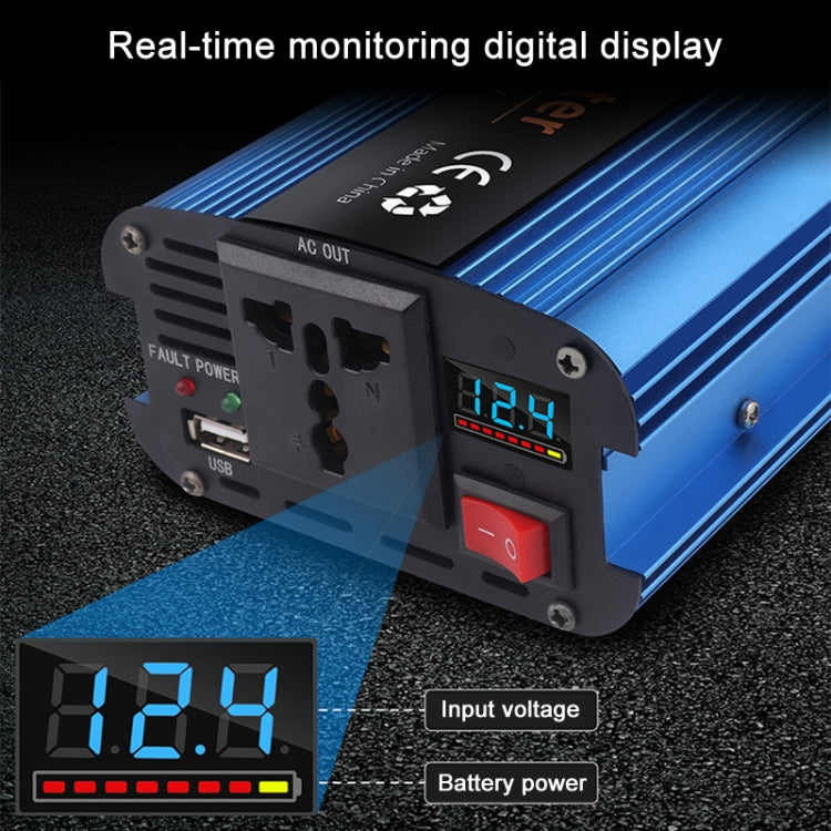 Blue power inverter with digital screen, AC OUT ports, USB port, and rocker power switch