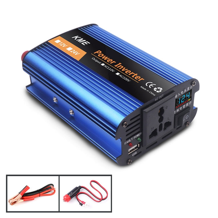 Blue power inverter with digital display screen, AC outlets, USB ports and vented sides