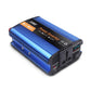 Blue power inverter with digital display, AC outlets, USB port, and side battery terminals