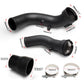 Black rubber intake pipe assembly with two hoses and metal hose clamps