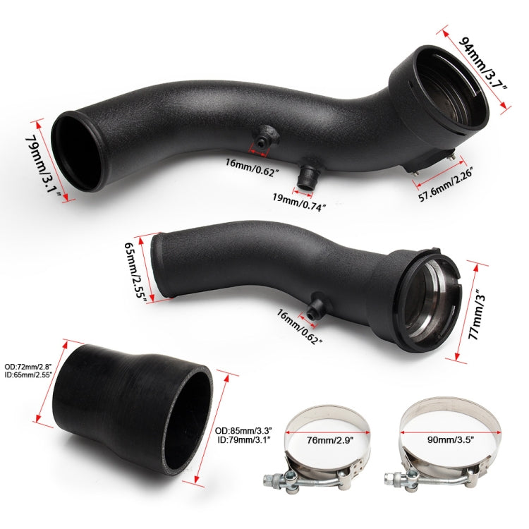 Black rubber intake pipe assembly with two hoses and metal hose clamps