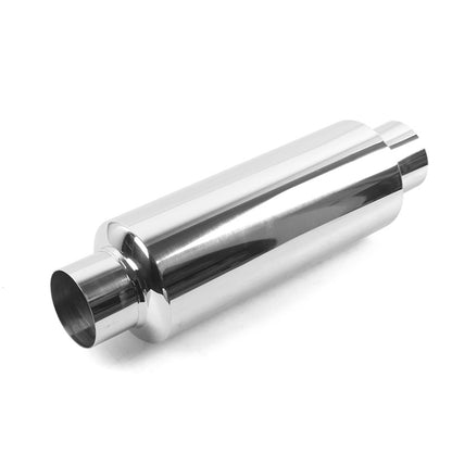 Stainless steel exhaust muffler with round inlet and flared outlet end cap