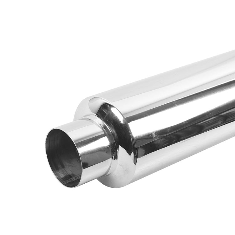 Stainless steel exhaust muffler end view with round outlet and mounting collar