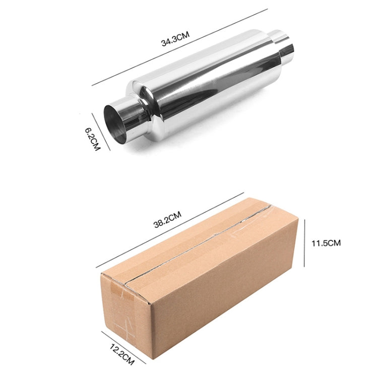 Stainless steel exhaust muffler with labeled size measurements in cm