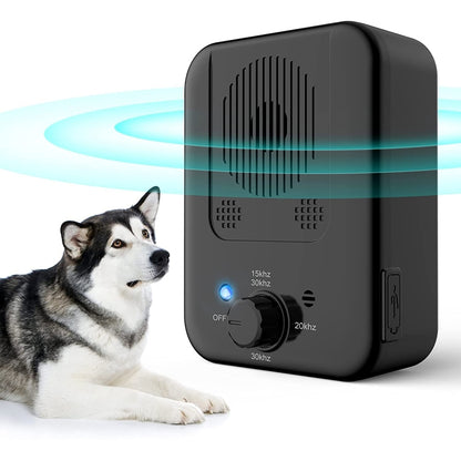 Black ultrasonic dog bark control device with vented speaker grille and frequency dial