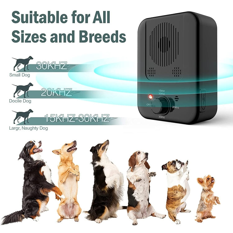 Black ultrasonic bark control device with frequency settings and compact speaker grille