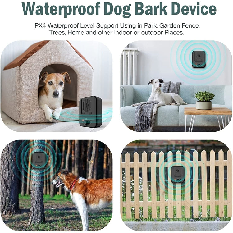 Black waterproof dog bark control device with compact speaker grille and indicator light