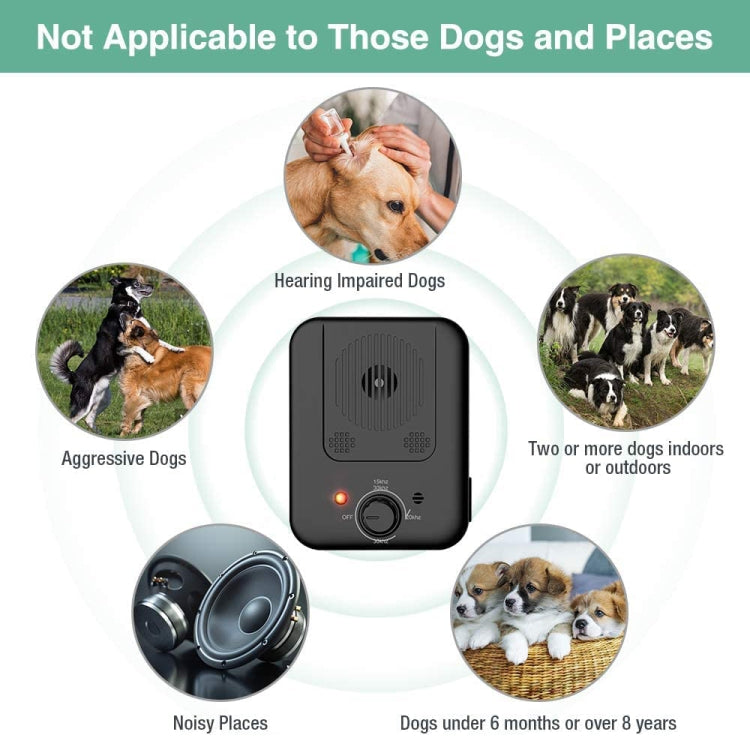 Black bark control device with warning graphic for dogs and places not suitable