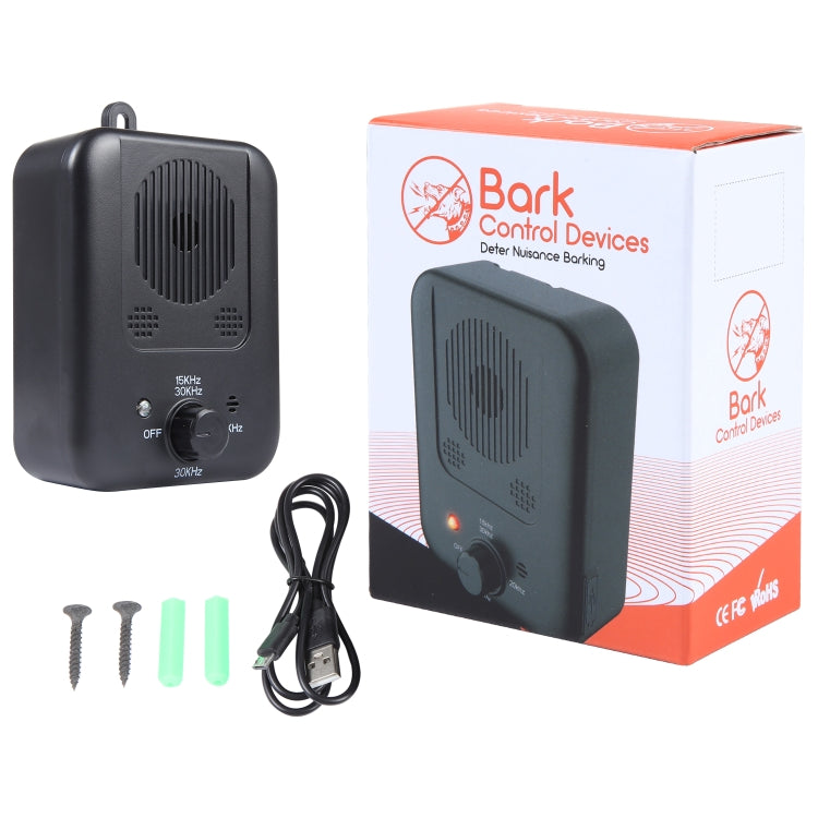 Black bark control device kit with power cable and mounting screws, boxed