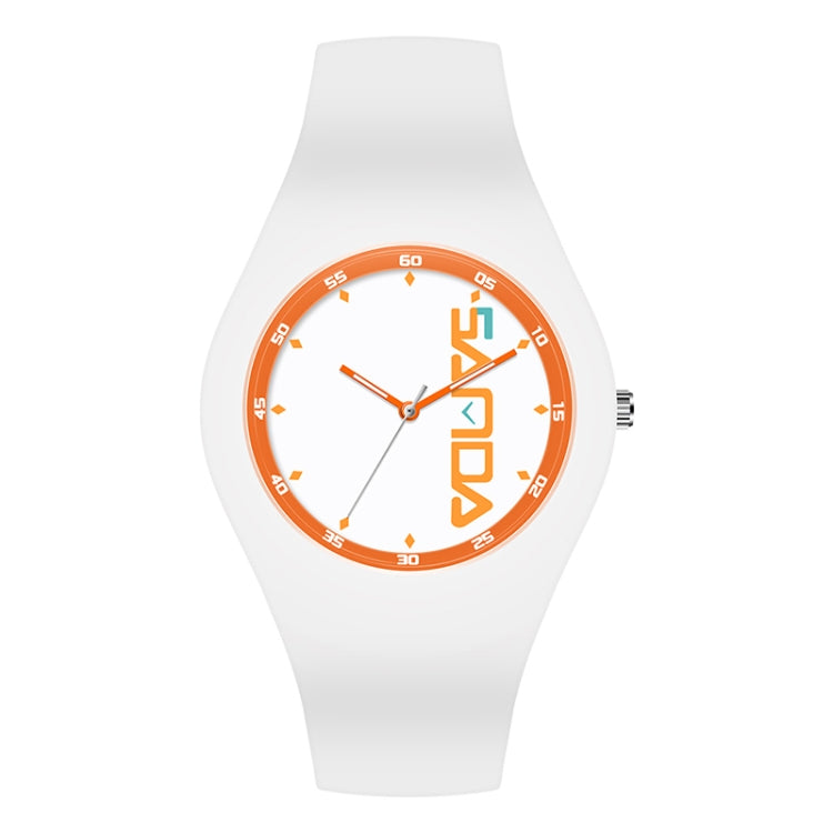White silicone strap quartz watch with orange round dial, scale markers, and three hands