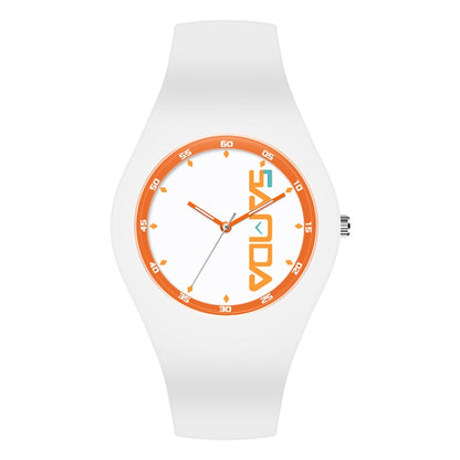 White silicone strap quartz watch with orange round dial, scale markers, and three hands