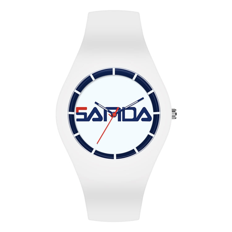 White silicone strap quartz watch with blue round dial, scale markers, and three hands