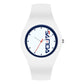 White silicone strap quartz watch with blue round dial, scale markers, and three hands