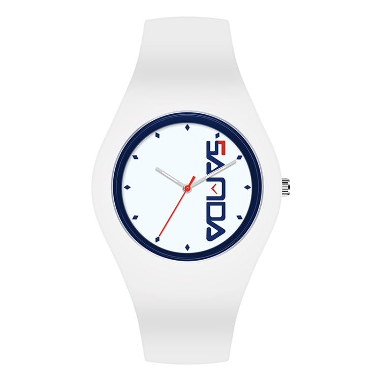 White silicone strap quartz watch with blue round dial, scale markers, and three hands